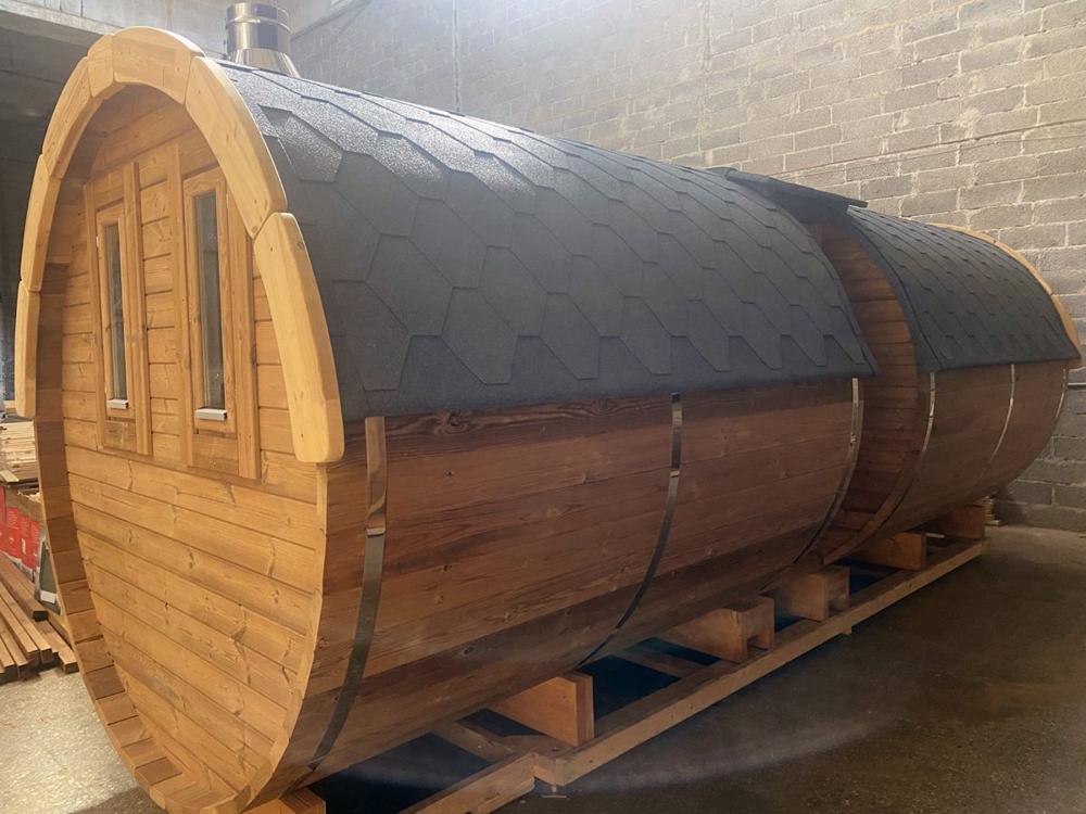 Saunafass 5,9 m/Ø 2,27 m mit Umkleideraum – Thermoholz