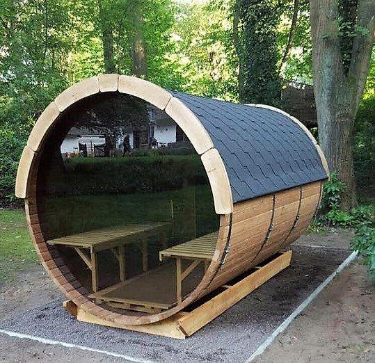 Saunafass 3,5 m/Ø 1,97 m mit Umkleideraum – Thermoholz