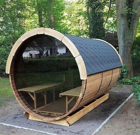 Saunafass 3,5 m/Ø 1,97 m mit Umkleideraum – Thermoholz