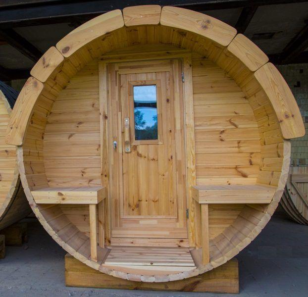 Saunafass 4,5 m/Ø 1,97 m mit Umkleideraum – Thermoholz