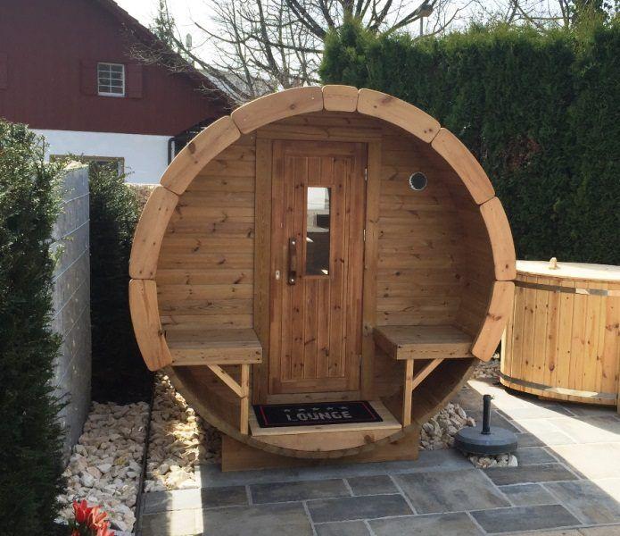 Saunafass 3,5 m/Ø 2,27 m mit Umkleideraum – Thermoholz