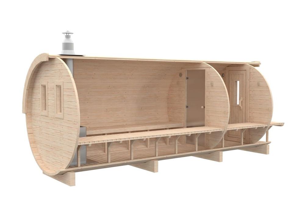 Saunafass 5,9 m/Ø 2,27 m mit Umkleideraum – Thermoholz