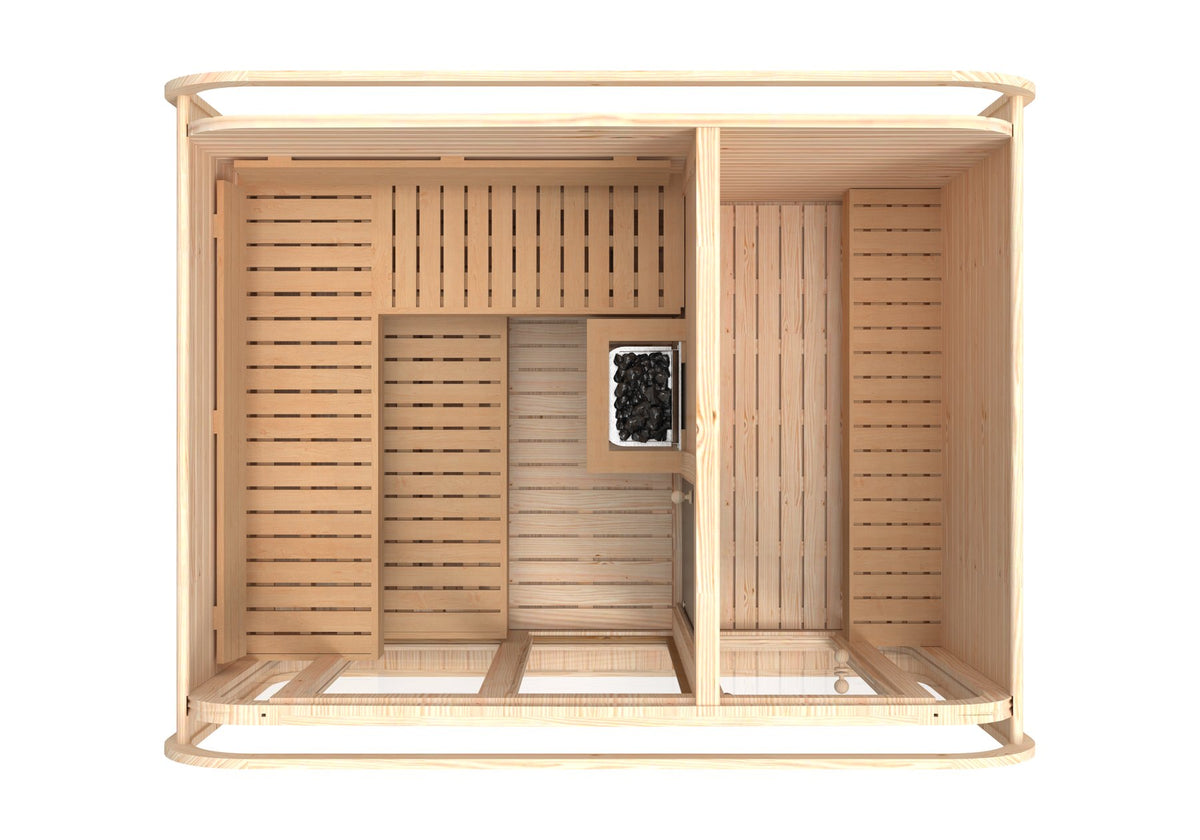 quadratisch Sauna Comfort aus KieferHolz          3.0 x 2.3 m